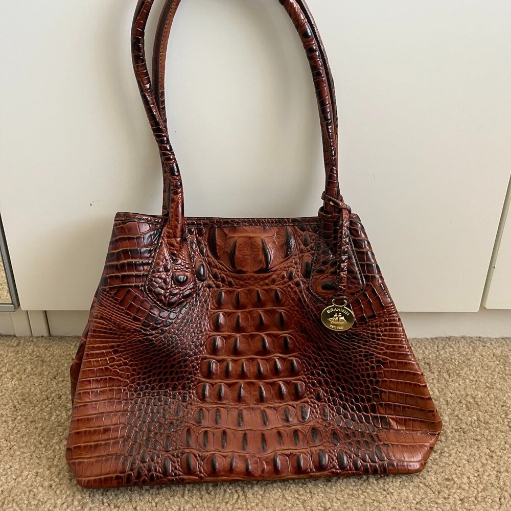 Brahmin Julian Pecan Purse Handbag Tote Embossed Croc Leather